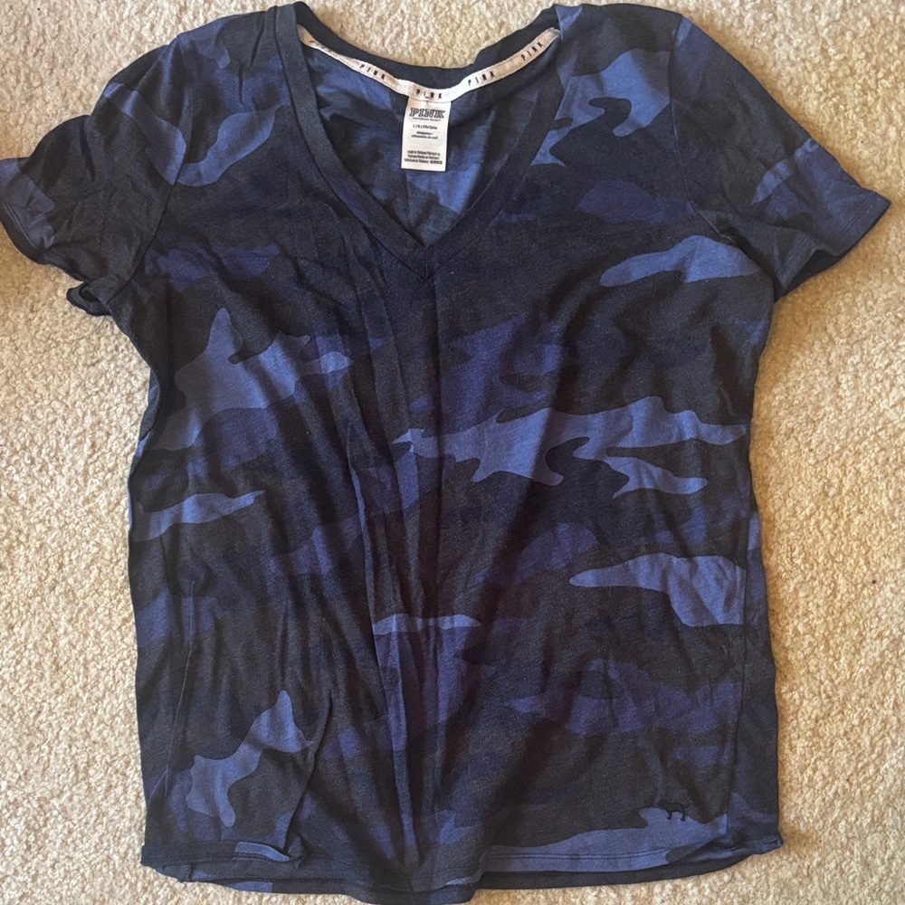 PINK Victoria's Secret Blue & Black Camo V-Neck Tee